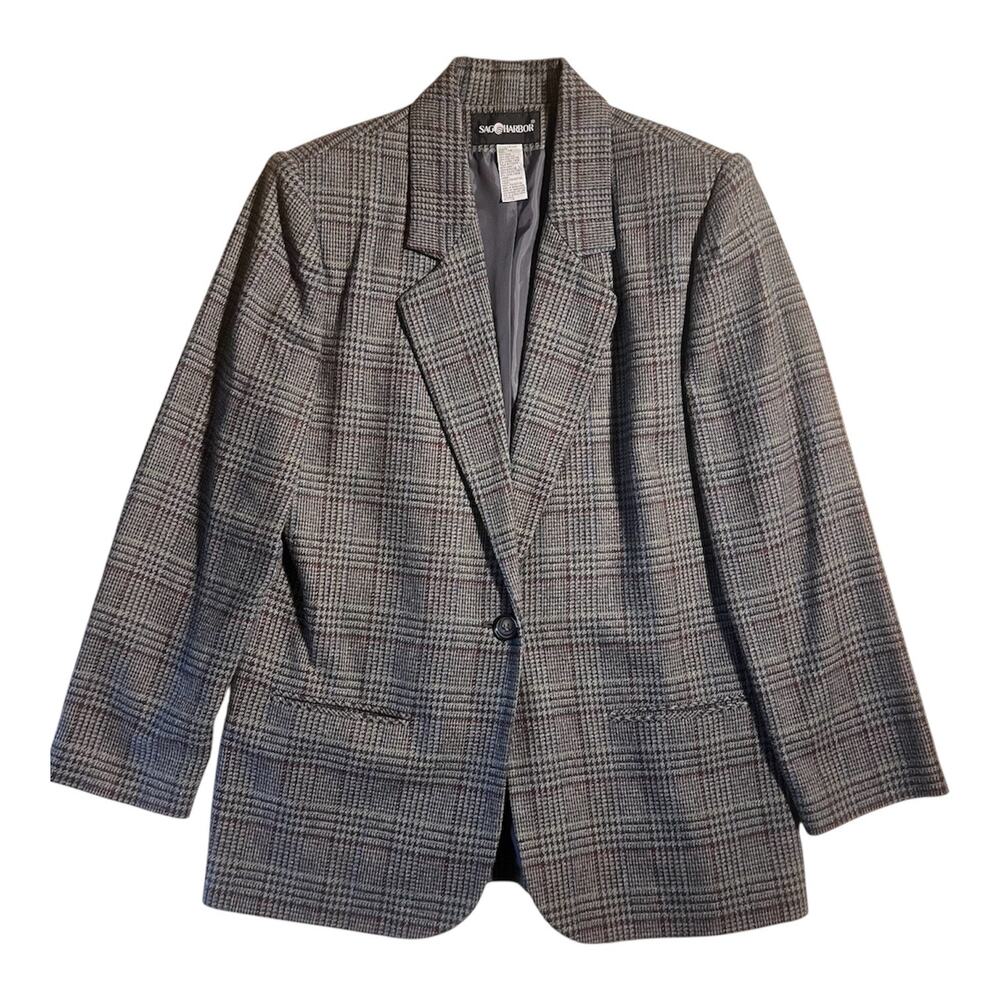 Vintage Sag Harbor Wool Blend Gray Plaid Blazer Women's Size 14 One Button EUC